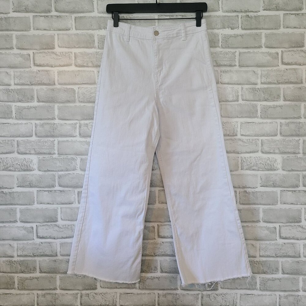 Anthropologie Sadie & Sage White Wide Leg Pants High Rise Raw Hem Cotton Blend M